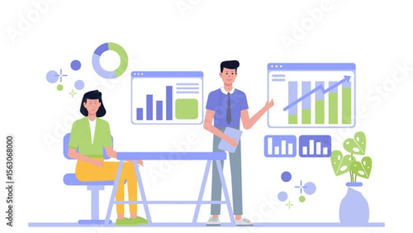 Fototapeta Two people analyzing business data with charts and graphs. Ideal for financial reports, business presentations, and stock market analysis.