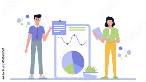 Fototapeta Two colleagues analyze graphs and notes on a tablet, ideal for business presentations, teamwork concepts, data analysis, and technology themes.