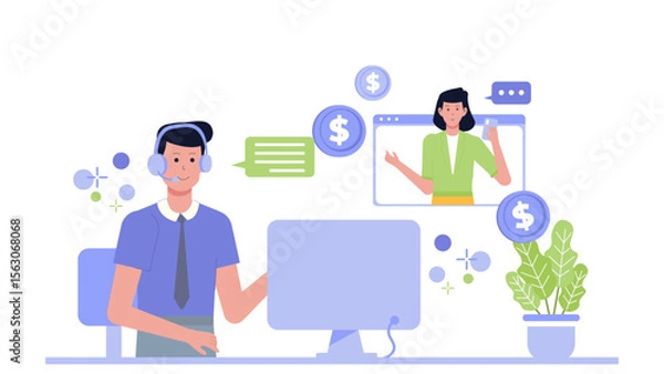Fototapeta Online financial customer service. Suitable for websites, blogs, and marketing materials related to banking, finance, customer service, and online services.