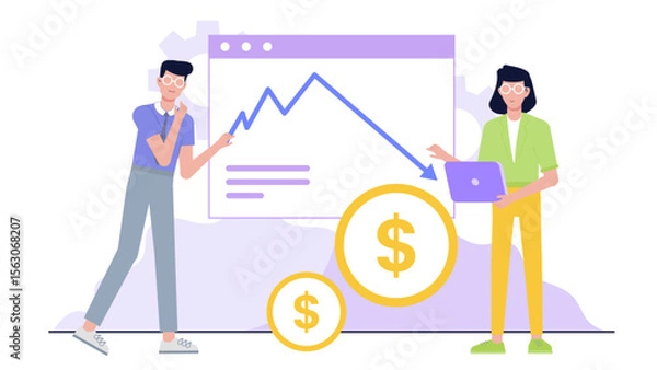Fototapeta Two people analyzing a declining financial graph suitable for financial crisis, business failure, investment losses, economic downturn concepts.