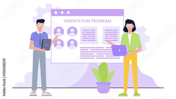 Fototapeta Orientation program webpage featuring two presenters and a plant, suitable for corporate training materials or virtual onboarding platforms.