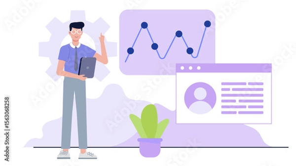 Fototapeta Man analyzing charts and a profile for business presentation and data analysis concepts. Suitable for financial and technology projects.