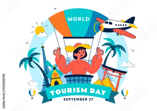 Fototapeta World Tourism Day Vector Illustration featuring a Globe, Famous Landmarks, Architectural Monuments, and National Statues in a Flat Background Design