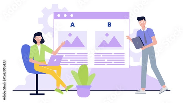 Fototapeta Ab testing illustration of two people analyzing website designs. Suitable for web development articles, marketing presentations, and data analytics blogs.