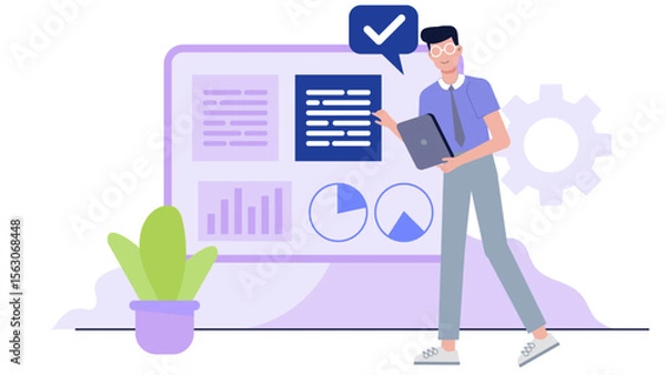 Fototapeta Man presents data charts and graphs on a digital screen. Perfect for business presentations, financial reports, analytics concepts, and technology themes.