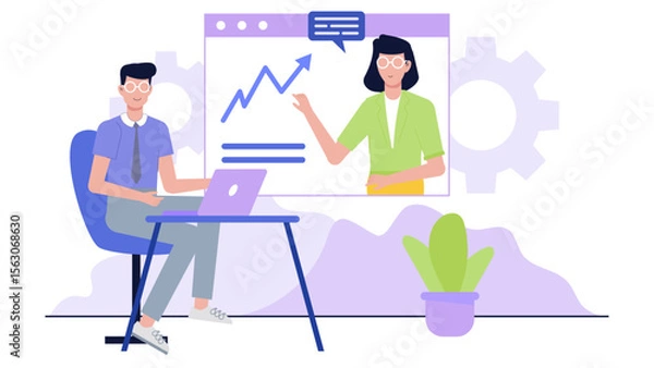 Fototapeta Virtual meeting displaying growth charts, ideal for illustrating business progress, financial presentations, marketing strategies, and data analysis reports.