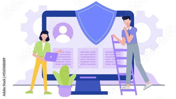 Fototapeta Online data protection with two people. Suitable for cybersecurity concepts, internet safety blogs, tech websites, data privacy graphics, and online security materials.