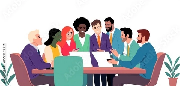 Fototapeta Flat vector illustration of diverse team roles collaborating on a shared project within a business context,  together,  team