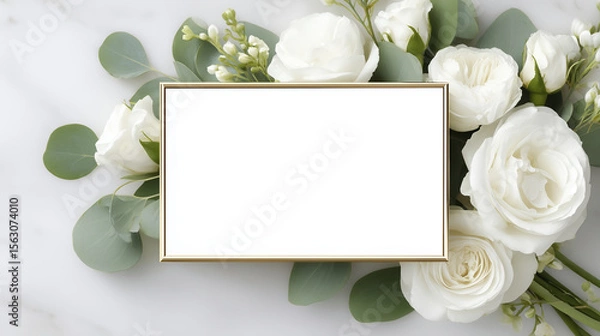 Fototapeta Elegant floral arrangement featuring white roses and greenery, with a blank frame for text overlay, perfect for invitations or announcements in a sophisticated setting
