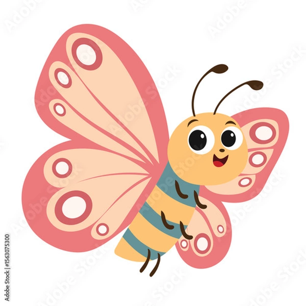 Fototapeta Cute Smiling Cartoon Butterfly. Butterfly Isolated on White Background. Hand Drawn Vector Art.