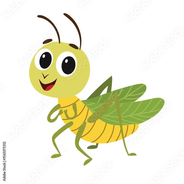 Fototapeta Cute Smiling Cartoon Grasshopper. Grasshopper Isolated on White Background. Hand Drawn Vector Art.