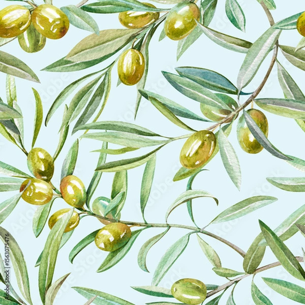 Obraz olive freshly picked branches with Green leaves and ripe fruit hand drawn watercolor illustration isolated on light blue. Natural botanical seamless pattern for food, harvest design, fabric, wallpaper