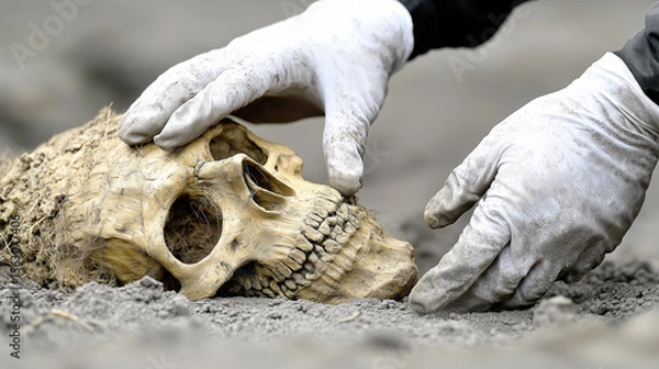 Fototapeta A forensic scientist or archaeologist in gloves carefully excavates a human skull from the earth at a crime scene or dig site.