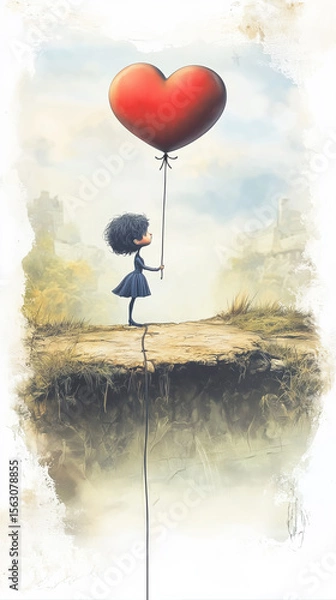 Fototapeta Surreal illustration of a little girl holding a red heart balloon on a broken, floating island, symbolizing a mix of love, hope, and melancholy.