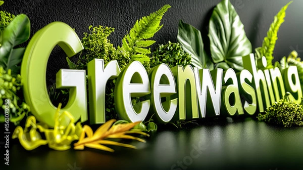 Fototapeta Concept of greenwashing with 3D text surrounded by lush green foliage, symbolizing misleading environmental marketing and false sustainability claims.