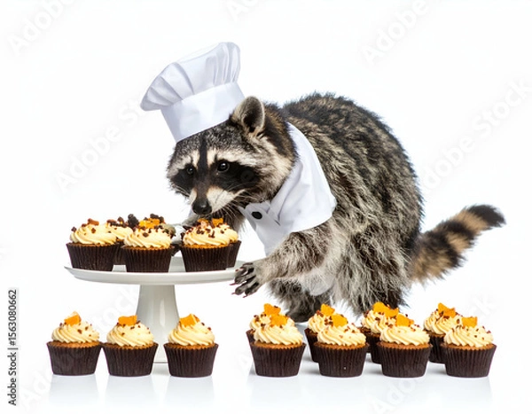 Obraz Chef Raccoon Baking Delicious Cupcakes A Whimsical Culinary Creation