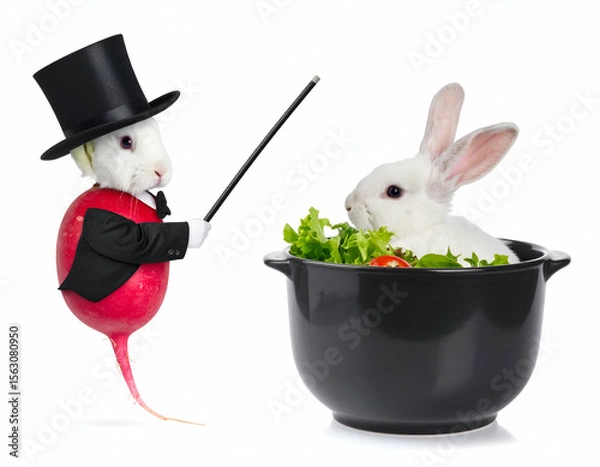 Obraz Magician Radish and Bunny in a Salad Bowl Hilarious Cartoon Illustration