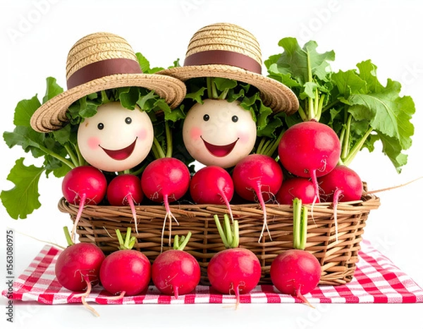 Obraz Adorable Radishes Picnic Cartoon Radishes in Hats Enjoying a Summer Gathering