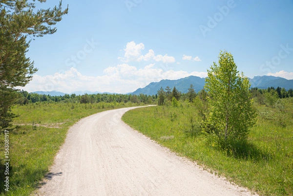 Obraz way through riparian Zone Isar river, Brauneck mountain view