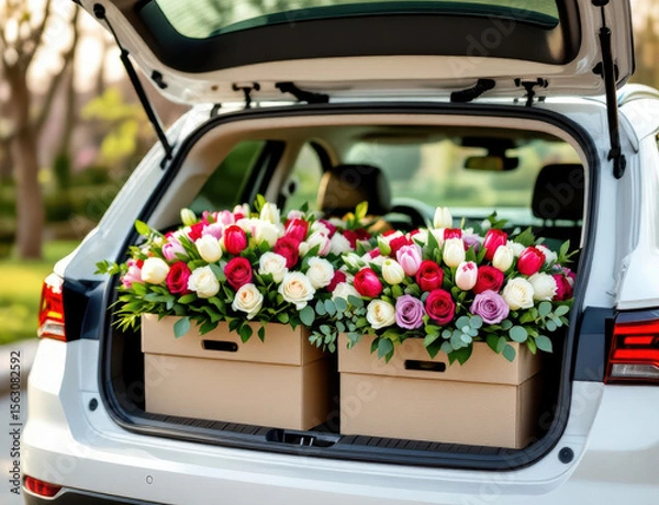 Fototapeta Spring flower delivery with vibrant tulips and roses in car trunk ready to surprise loved ones