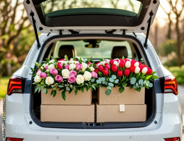 Fototapeta Flower delivery with vibrant tulips and roses awaiting a romantic surprise in a car trunk during springtime