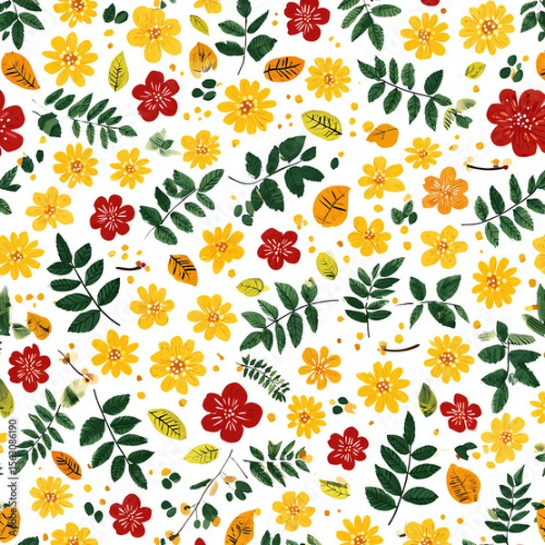 Obraz A flowery pattern with yellow and red flowers and leaves