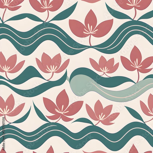 Obraz Seamless abstract floral pattern with curved lines and petal-like forms in muted tones like dusty pink, sage green, and beige. Minimalist, airy, elegant, and perfect for textile printing.