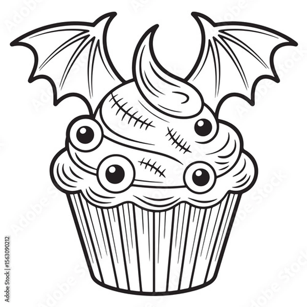 Obraz Halloween Cupcake with Bat Wings and Eyeballs Line Art Illustration for Kids