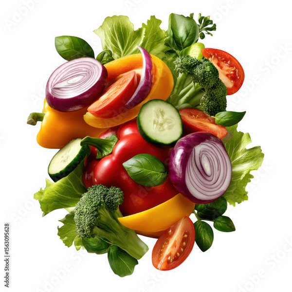 Fototapeta A vibrant mix of fresh vegetables including tomato, onion, cucumber, and pepper isolated on transparent background