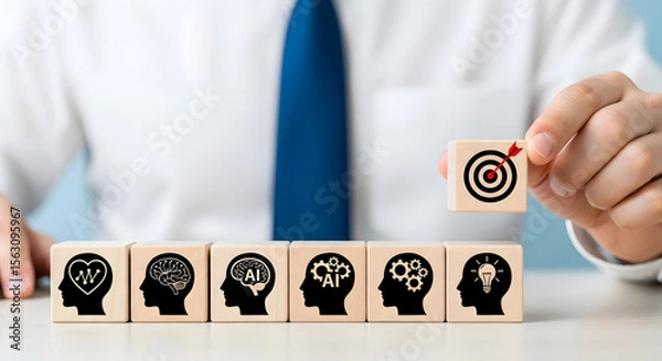 Fototapeta Businessman in a suit placing a target block on top of other blocks with mind, heart, and gear icons, symbolizing goal setting and mental focus in decision making.
