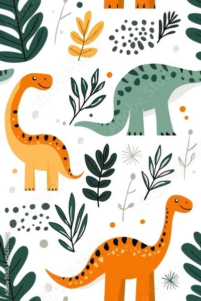Fototapeta A flat style seamless pattern featuring Brachiosaurus, isolate on white background, showcasing various dynamic poses.