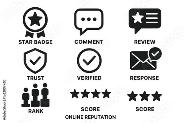 Obraz Online reputation icons: star badge, comment, review, trust, verified, response, score, rank