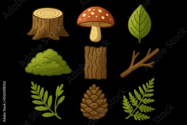 Fototapeta Colorful forest elements: mushrooms, leaves, and tree branches on black background