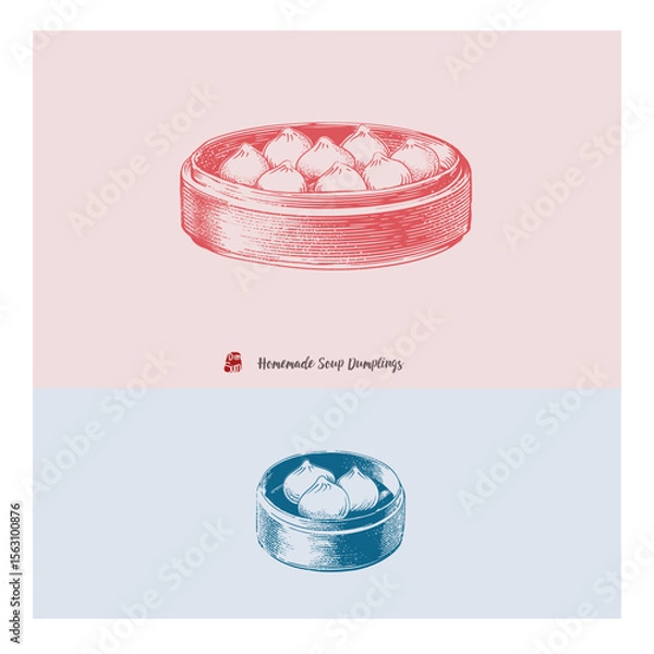 Obraz Hand-drawn vintage illustration of soup dumplings in a bamboo steamer, in red and blue sketch style. Perfect for Asian food art, menus, or culinary design.