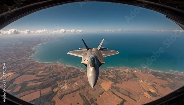 Fototapeta High-altitude view of a fighter jet over coastal terrain.