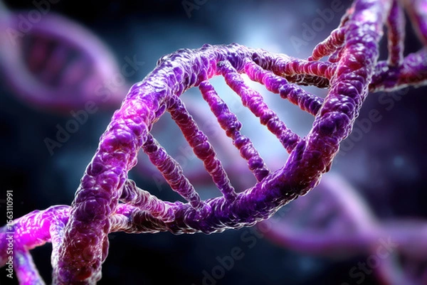 Fototapeta Detailed view of a DNA double helix structure in vibrant colors illustrating genetic information