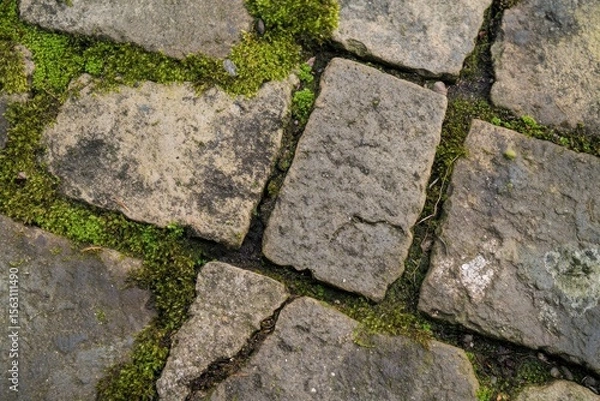 Fototapeta A close up of a stone pathway with moss growing between the stones in an outdoor environment setting