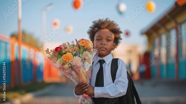 Obraz Boy holding flower bouquet and backpack