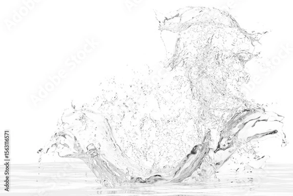 Fototapeta high-contrast monochrome image depicts a dramatic splash of liquid, possibly water, frozen in mid-air.  The form is abstract, suggesting motion and energy, with textured details throughout the spray. 