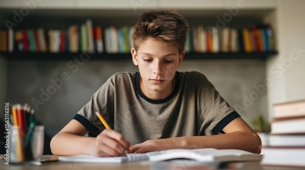 Obraz Teen boy writing at desk with books in background