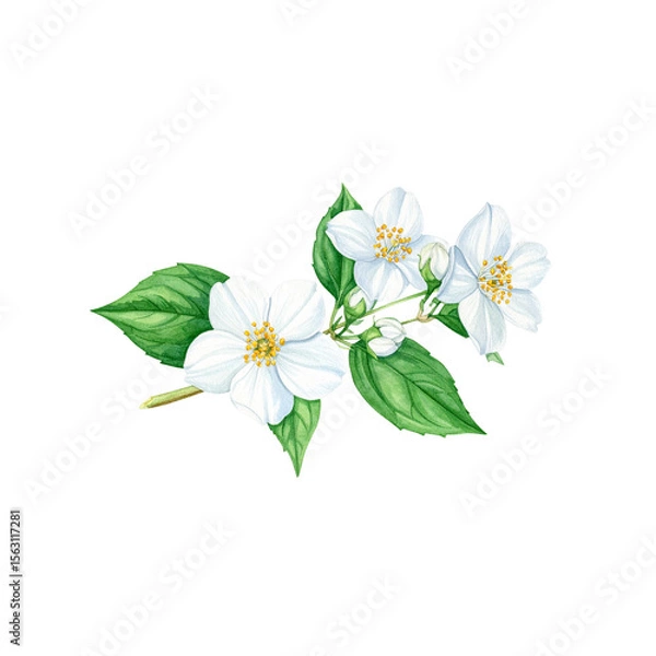 Fototapeta Blooming white jasmine flowers on a white background, isolated for a beautiful, delicate spring or summer nature macro