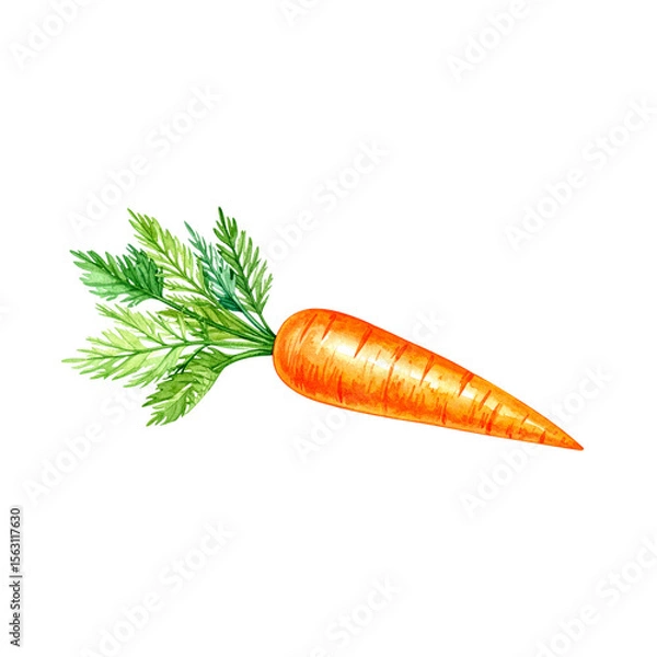 Fototapeta Fresh, organic orange carrots with green stems in a healthy bunch, isolated on a white background