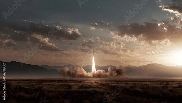 Fototapeta Rocket launch over a desert landscape at sunrise.