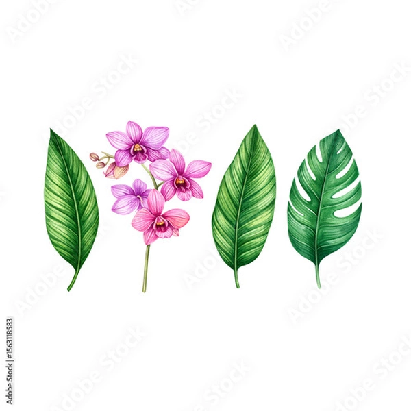 Fototapeta Isolated white background branch of lilac with pink flowers and fresh green leaves, a beautiful spring nature botany object