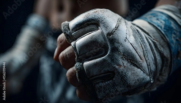 Fototapeta Close-up of a used fighting glove on a hand.