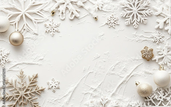 Fototapeta Golden Christmas decorations with shiny baubles and snowflakes creating a festive holiday background