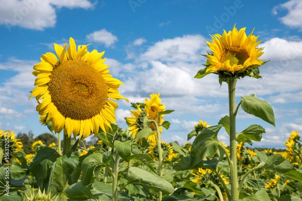 Obraz two beautiful sunflowers in the field, against blue sky with clouds