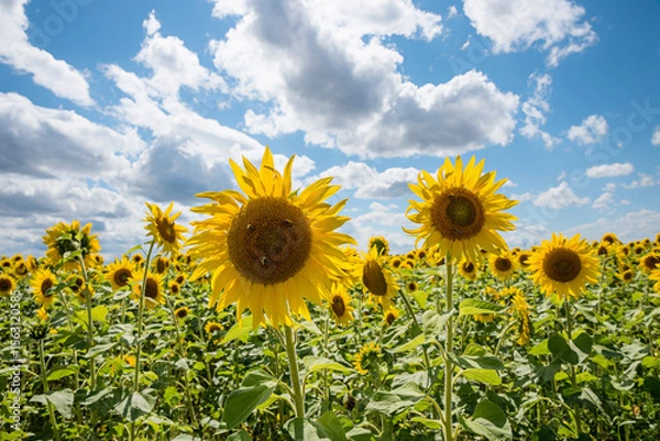 Obraz sunflowers with insects, blurry field behind.