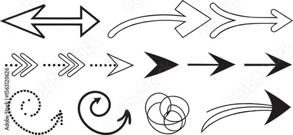 Fototapeta Various Arrow Designs – Creative Arrow Shapes, Symbols, and Graphics,Black arrow designs pointing,including single arrows,double arrows, outline arrows,circular arrows,Display of various arrow designs