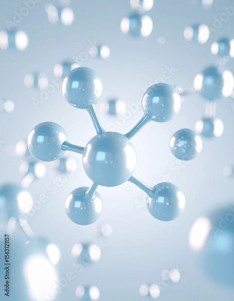 Fototapeta Molecular Structure, A 3D Render of Interconnected Spheres on a Soft Blue Gradient, Representing Scientific Innovation and Research
